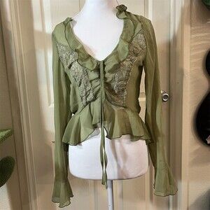 Hespons Blouse Womens XS Green Sheer Fairycore Peplum Tie Front Long